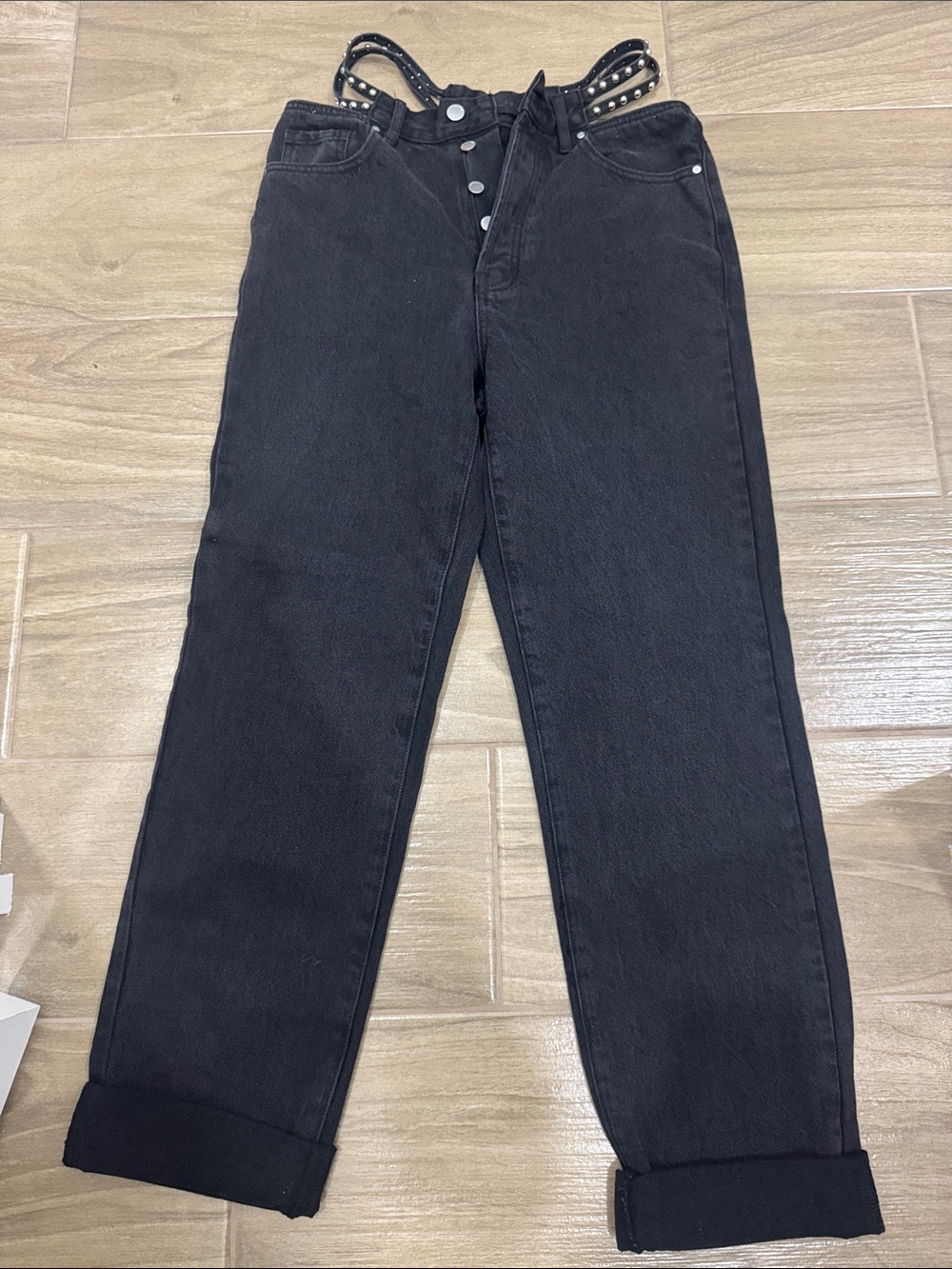 Kendall & Kylie Black Denim Jeans with Studded Detachable Straps dad jeans